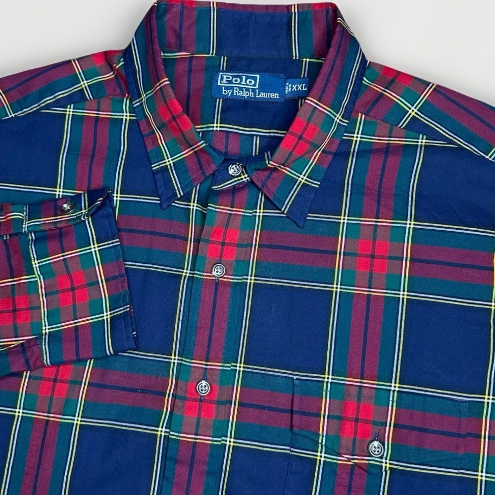Polo Ralph Lauren Shirt Mens XXL Blue Red Green Windowpane Plaid Pocket Cotton